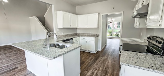 kitchen with white cabinets, sink, light stone countertops, kitchen peninsula, and stainless steel appliances