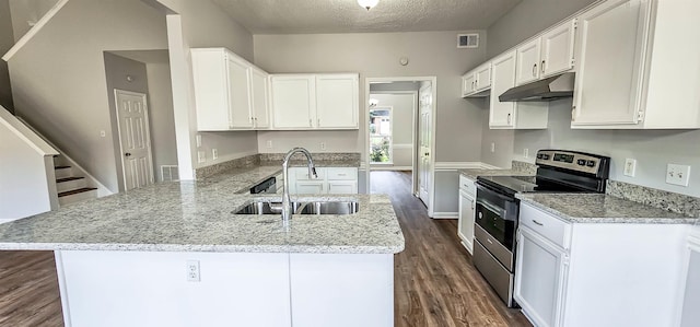 kitchen with kitchen peninsula, stainless steel electric range oven, sink, and white cabinets