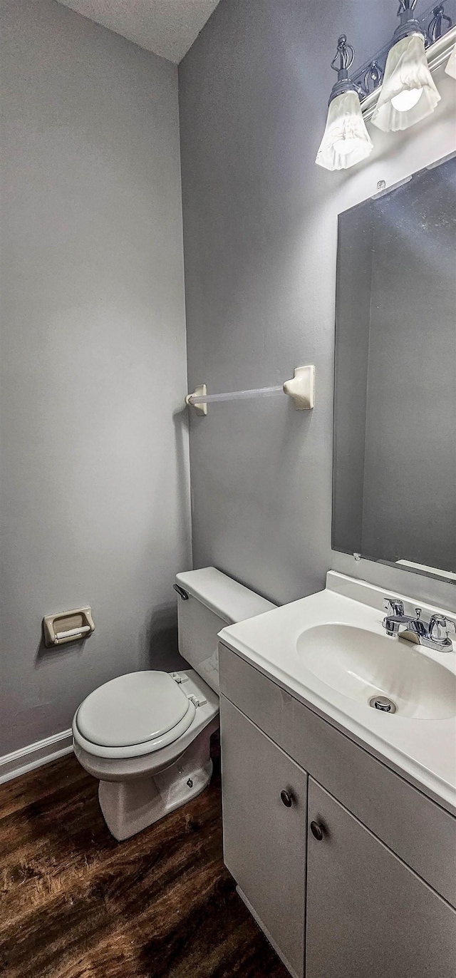 bathroom featuring vanity, toilet, and wood-type flooring