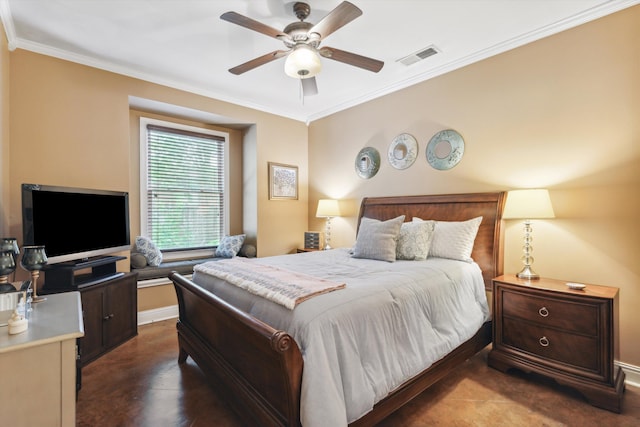 bedroom with ceiling fan and crown molding