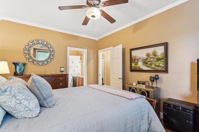 bedroom featuring ceiling fan and ornamental molding