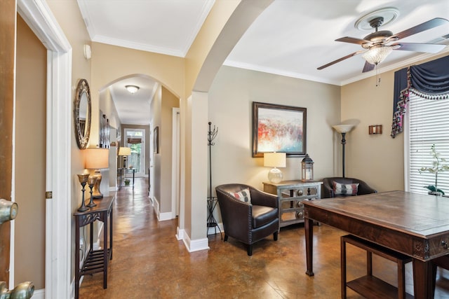 interior space featuring crown molding, ceiling fan, and a healthy amount of sunlight