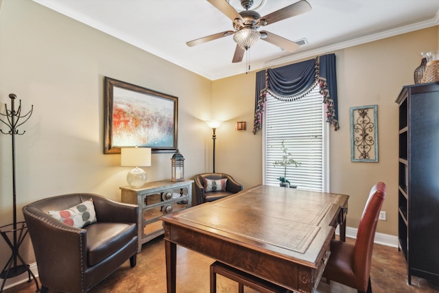 office space with ceiling fan and ornamental molding