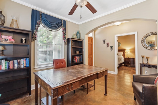 office space with ceiling fan, concrete floors, and ornamental molding