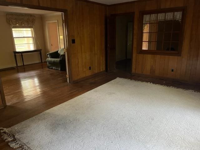 empty room featuring wood walls and dark wood-type flooring