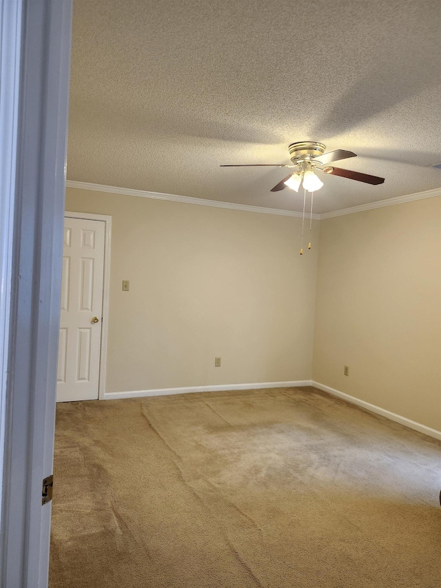 unfurnished room featuring carpet, crown molding, and a textured ceiling