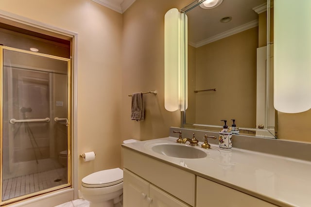 bathroom with crown molding, a shower with door, vanity, and toilet