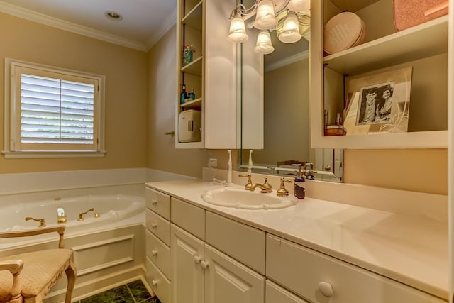 bathroom featuring tile patterned floors, a tub, vanity, and ornamental molding