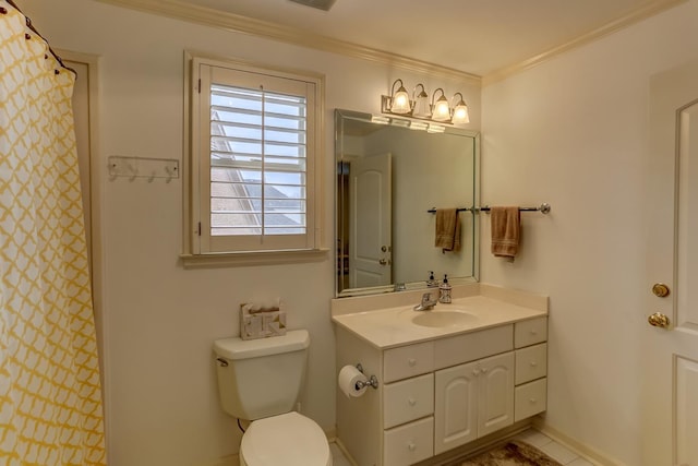 bathroom with vanity, crown molding, tile patterned flooring, toilet, and curtained shower