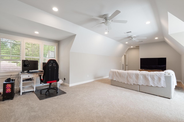 carpeted bedroom featuring ceiling fan and vaulted ceiling