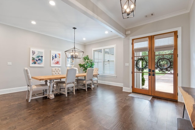 dining space featuring french doors, dark hardwood / wood-style flooring, and a wealth of natural light