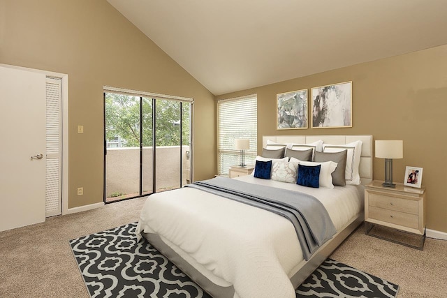 bedroom with access to exterior, light colored carpet, and high vaulted ceiling