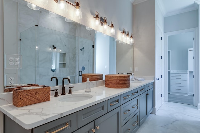 bathroom featuring vanity, crown molding, and walk in shower