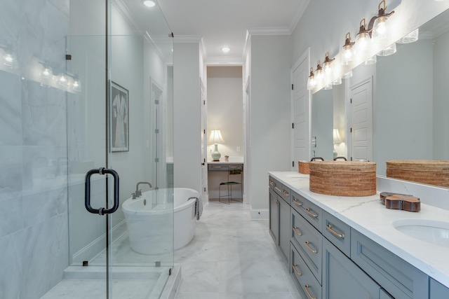 bathroom with vanity, ornamental molding, and shower with separate bathtub