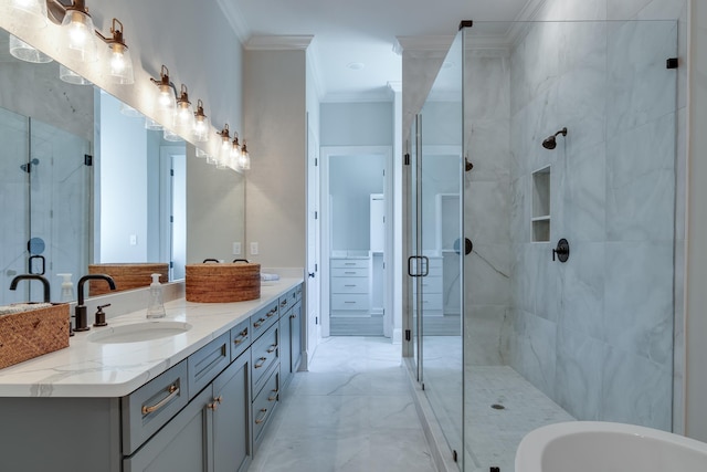 bathroom featuring shower with separate bathtub, vanity, and crown molding