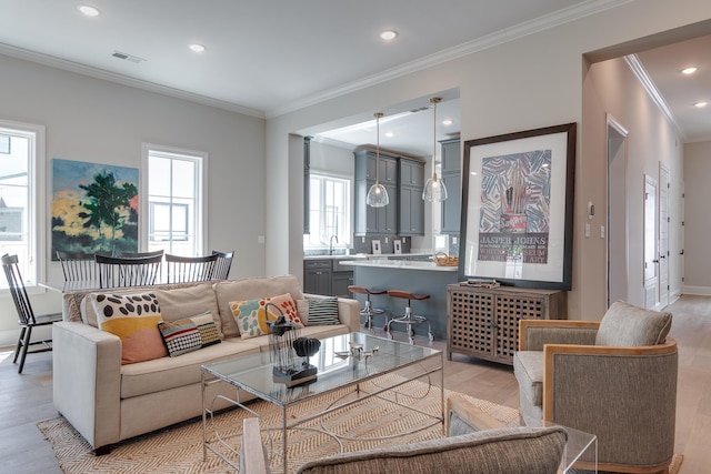 living room with sink, light wood-type flooring, and crown molding