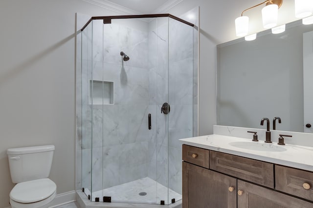 bathroom featuring toilet, walk in shower, and crown molding