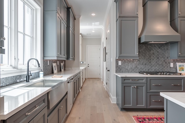 kitchen with ornamental molding, custom exhaust hood, stainless steel appliances, sink, and light hardwood / wood-style floors