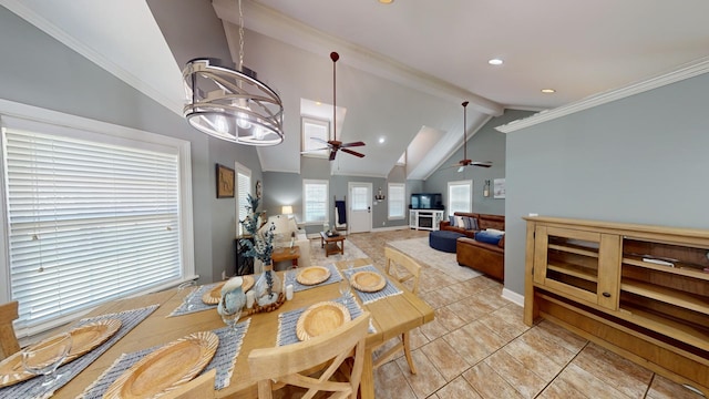 dining space featuring ornamental molding, beam ceiling, light tile floors, and ceiling fan with notable chandelier