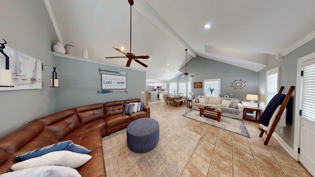 living area featuring ornamental molding, light tile patterned flooring, ceiling fan, high vaulted ceiling, and beamed ceiling