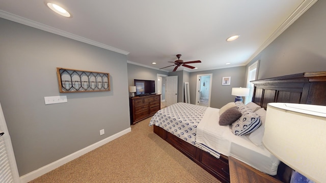 bedroom with light carpet, baseboards, a ceiling fan, ornamental molding, and recessed lighting