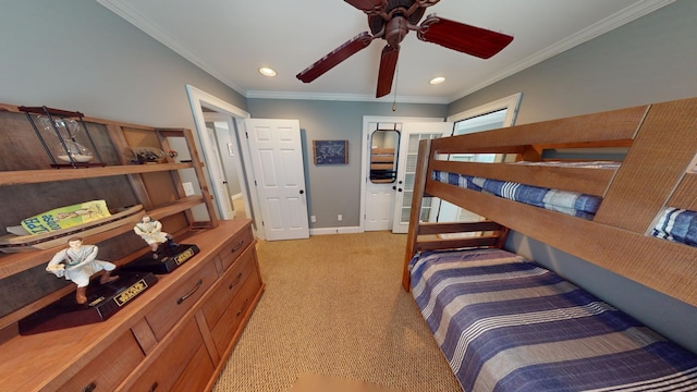 bedroom with light carpet, baseboards, ornamental molding, and recessed lighting