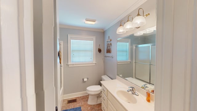 bathroom featuring ornamental molding, tile flooring, toilet, and large vanity