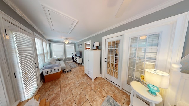 interior space featuring ceiling fan