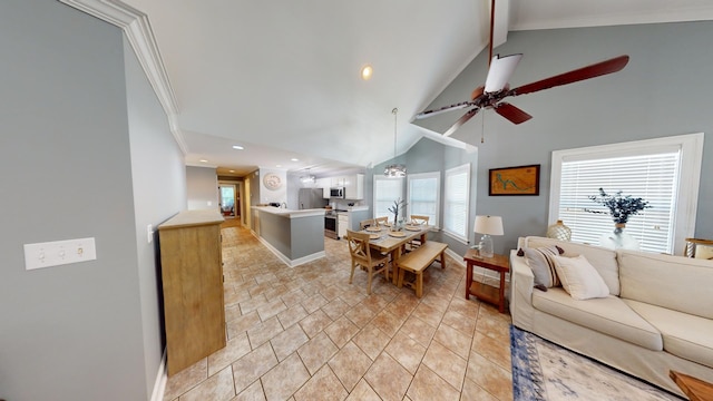 living room featuring vaulted ceiling with beams, ornamental molding, ceiling fan, and light tile floors