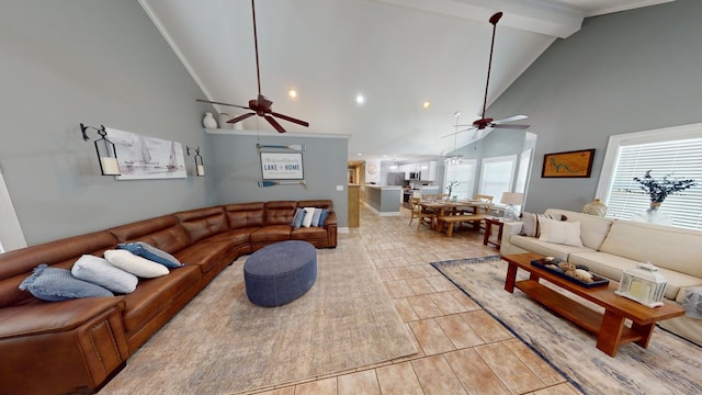 living room with high vaulted ceiling, a ceiling fan, and beamed ceiling