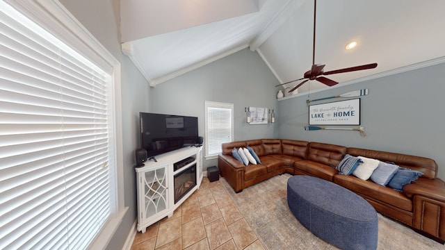 tiled living room with ceiling fan, vaulted ceiling with beams, and ornamental molding