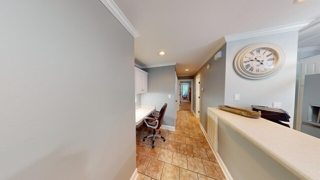 home office featuring crown molding and light tile floors