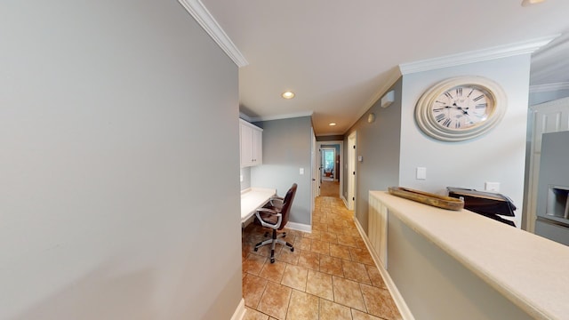 office space with light tile patterned floors, baseboards, ornamental molding, built in desk, and recessed lighting