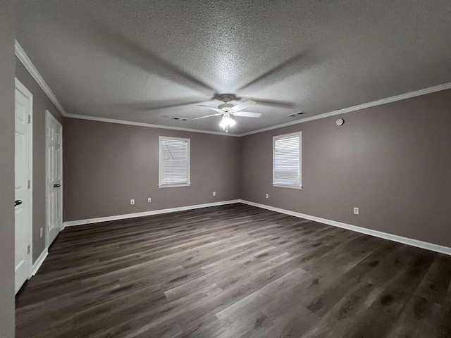 unfurnished bedroom featuring dark hardwood / wood-style floors, ceiling fan, crown molding, and a textured ceiling