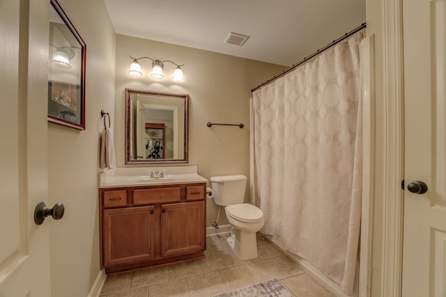 bathroom with toilet, a shower with shower curtain, tile patterned flooring, and vanity