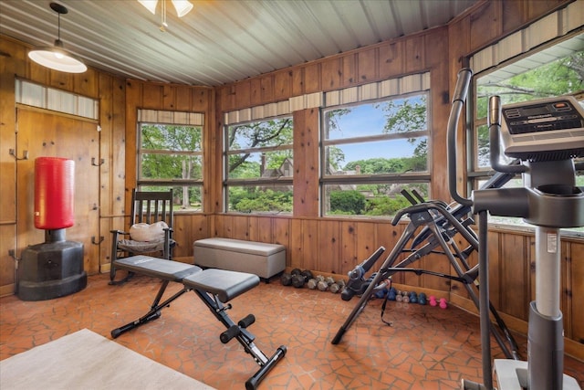 exercise room with wooden walls