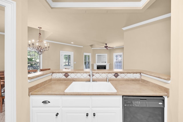 kitchen with sink, white cabinetry, crown molding, dishwasher, and ceiling fan