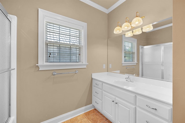 bathroom with tile patterned flooring, ornamental molding, a shower with door, and vanity