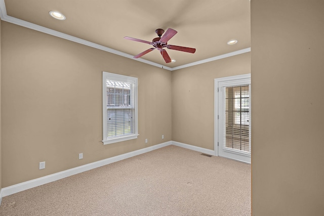 unfurnished room featuring ceiling fan, ornamental molding, and light carpet