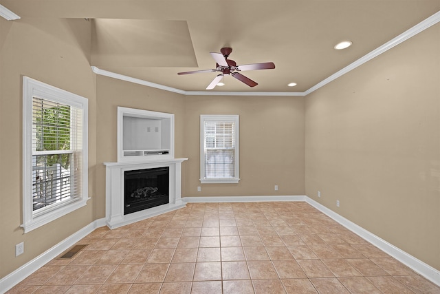 unfurnished living room featuring light tile patterned floors, crown molding, and ceiling fan