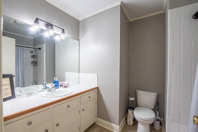 bathroom featuring walk in shower, crown molding, vanity, and toilet