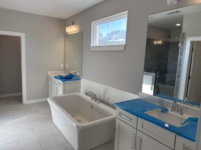 bathroom with vanity and plus walk in shower