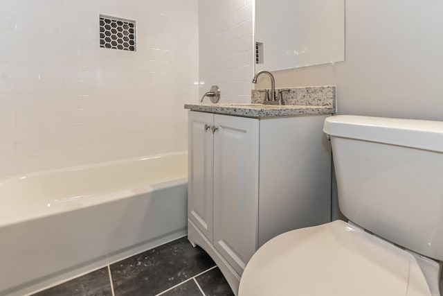 full bathroom featuring toilet, shower / bath combination, tile patterned flooring, and vanity