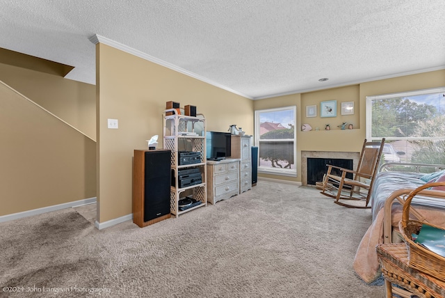 living room with light colored carpet, a textured ceiling, and crown molding