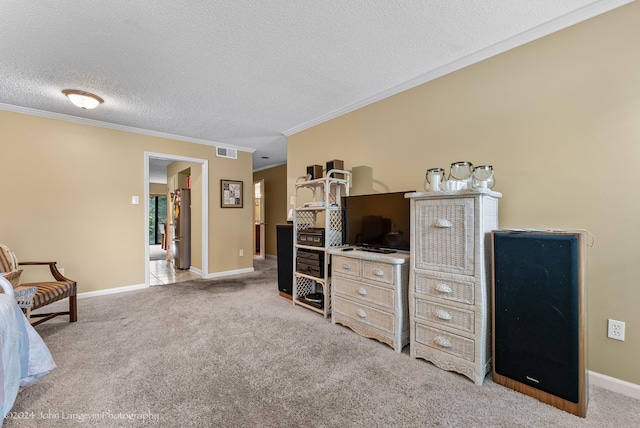 interior space with a textured ceiling and ornamental molding