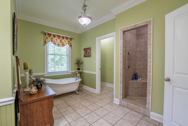 bathroom with tile patterned flooring, independent shower and bath, and ornamental molding