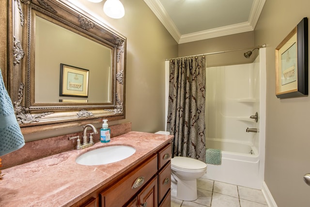 full bathroom with vanity, crown molding, tile patterned flooring, toilet, and shower / tub combo with curtain