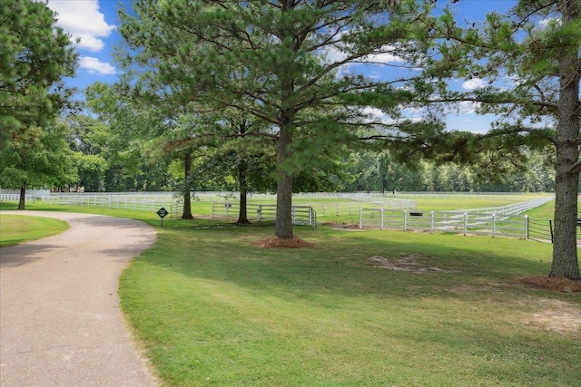 view of property's community with a rural view and a lawn