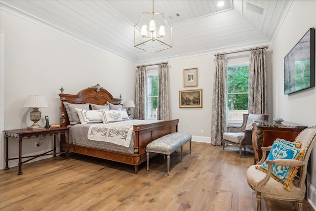 bedroom with wooden ceiling, multiple windows, a chandelier, and light wood-type flooring