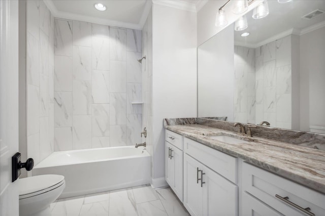 full bathroom with toilet, crown molding, tiled shower / bath combo, and vanity